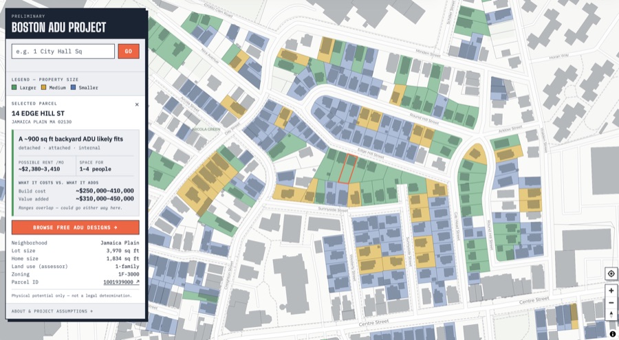 The map over Jamaica Plain: parcels shaded green, amber, and blue by how much room they have, with one selected and its panel showing a ~900 sq ft backyard ADU estimate.